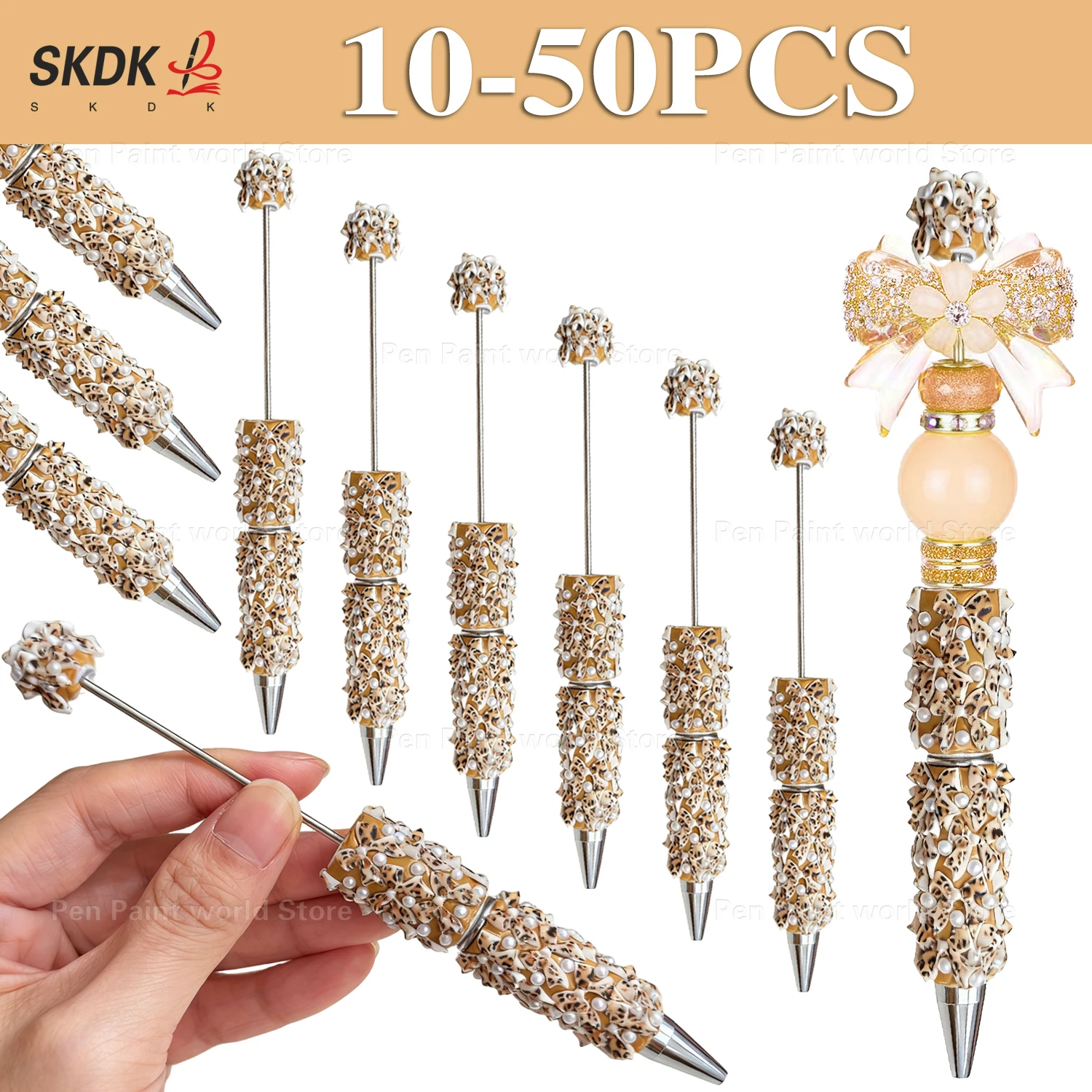 10-50Pcs DIY Bead Pen Ballpoint Pen — leopard-print bow pearl-embellished, heavy handwork design for boutique gift sets