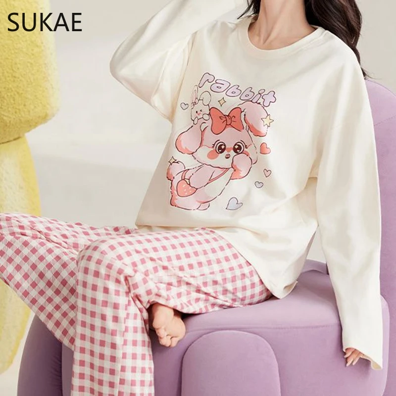 SUKAE Cute Cartoon Loungewear Women Autumn Spring Woman Pajama Set Homesuit Mujer Sleepwear Pullover Long Sleeves Girl Nightwear