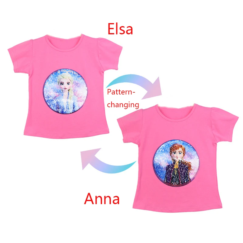 Halloween New Girls Sequin T Shirt Frozen Elsa pattern-changing Anna Sequined Girls Tops Tees Summer Kids Clothes