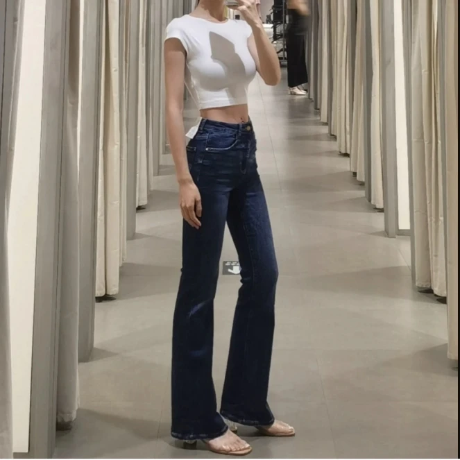 

Джинсовые джинсы-колокольчики с высокой талией, женские универсальные джинсы с завышенной талией, повседневные джинсы из полиэстера с высокой талией, микроэластичная застежка-молния