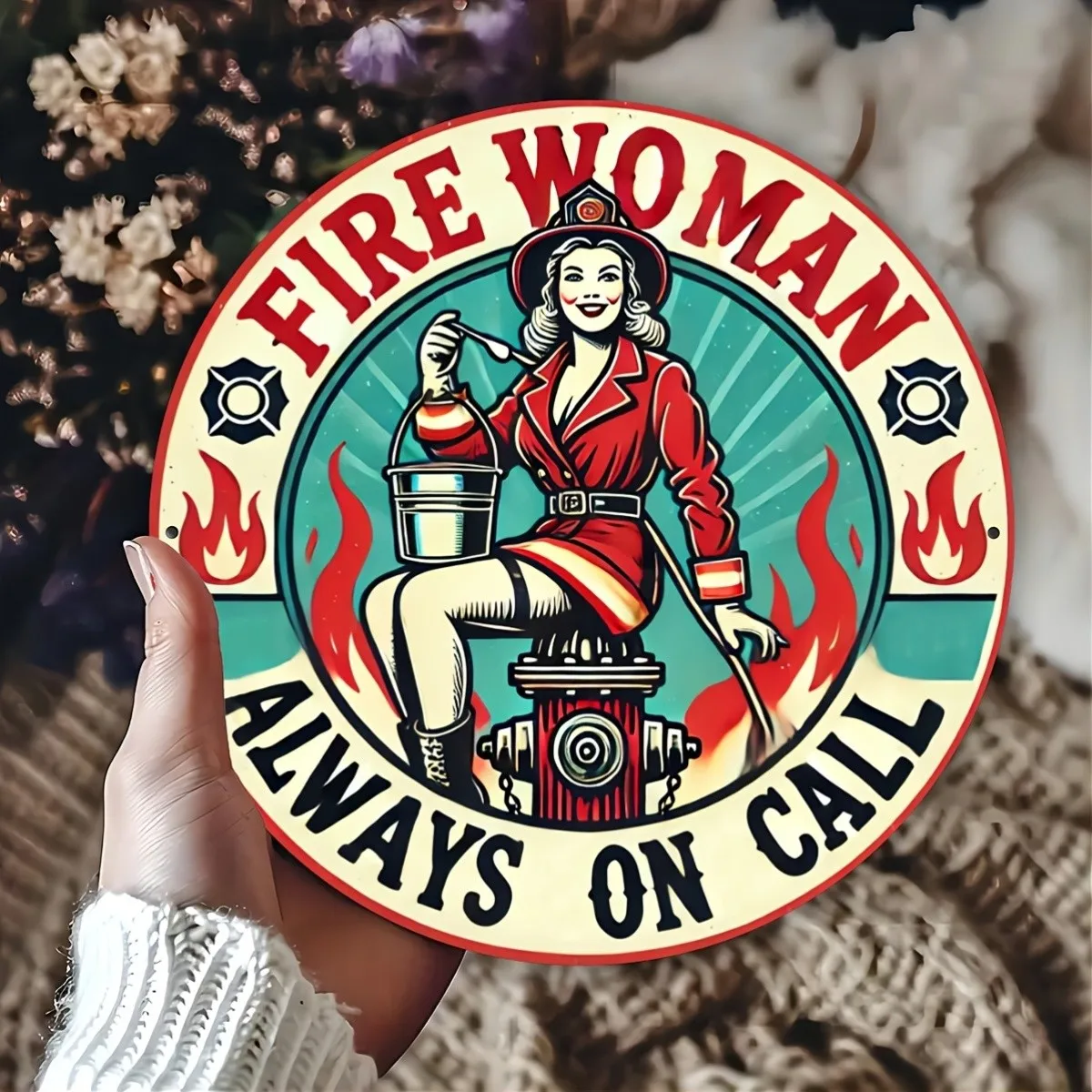 Female Firefighter On Duty Round Tin Metal Signs Home Décor 8x8