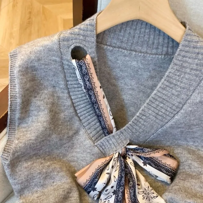 Autumn Winter Knitted Vest Women V Neck Bandage Bow Sleeveless Y2k Sweater Korean Preppy Style Fashion Overlap Crop Top