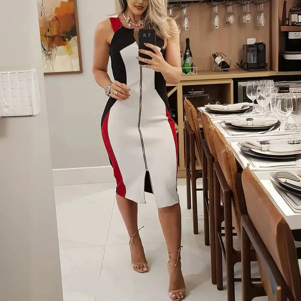 Women Dress Mid Length Sexy Slim Fit Sling Vestidos Round Neck Sleevelesss Elegant Splice Hip Wrap Zipper Casual Summer