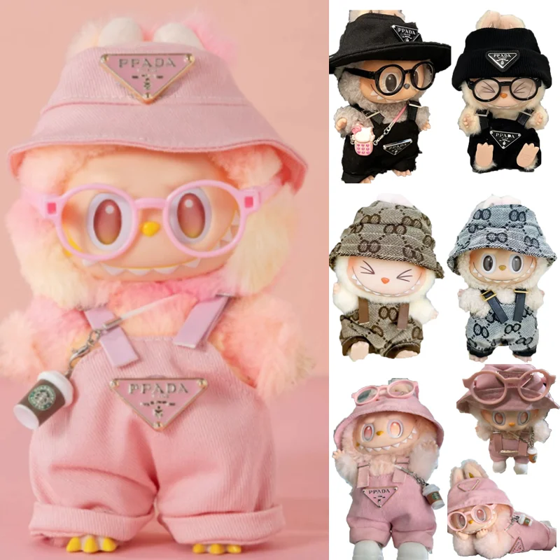 For 15 17 cm Labubu Mini Doll Clothing Overalls Fisherman Hat Suspenders Set DIY Accessories Sitting Party Game Toys Gifts