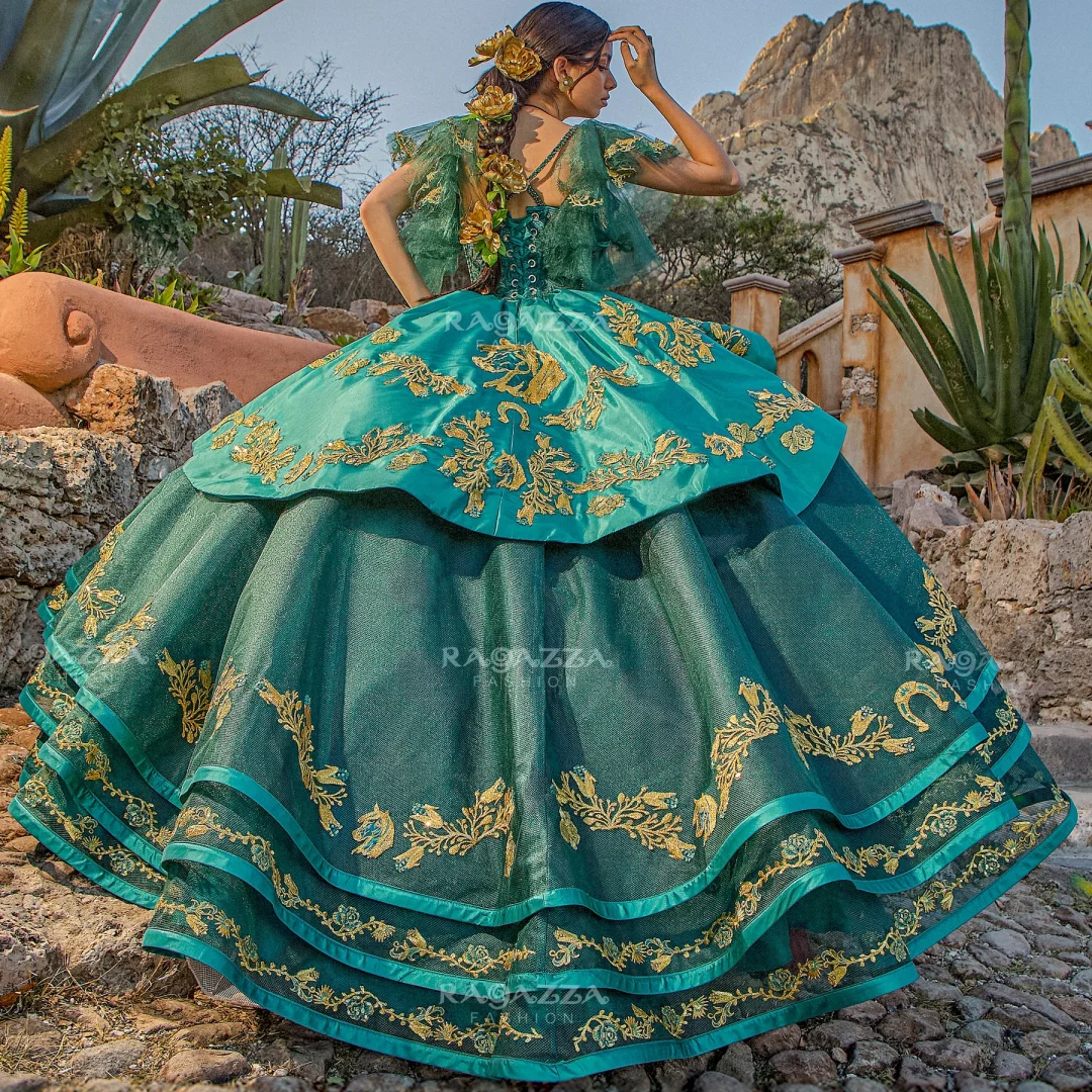 teal and gold quinceanera dresses Gold Appliqued Double Colored Corset Back Quinceañera Dress, Gold / 12 main image 1