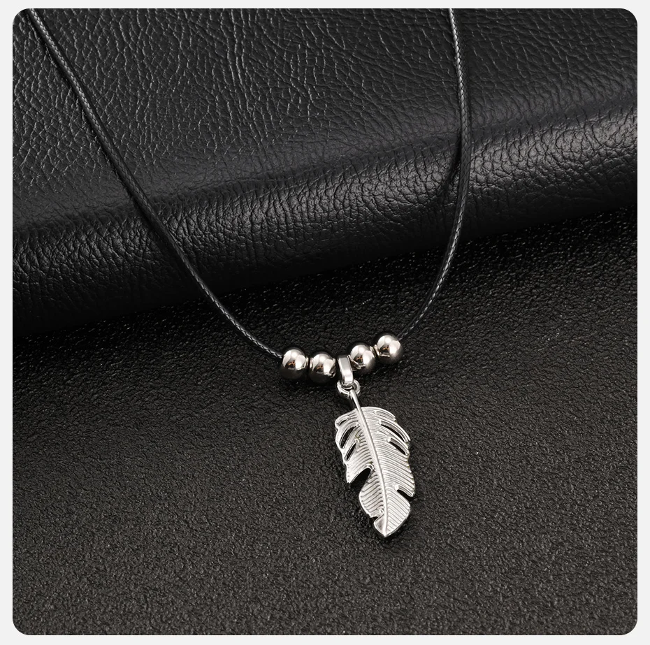 Vnox Edelstahl-Halskette mit Blatt-Anhänger, Boho-Feder-Charm-Kette, Schmuck für Männer und Frauen, silberfarben, verstellbarer Kragen, Geschenke – Detail 5