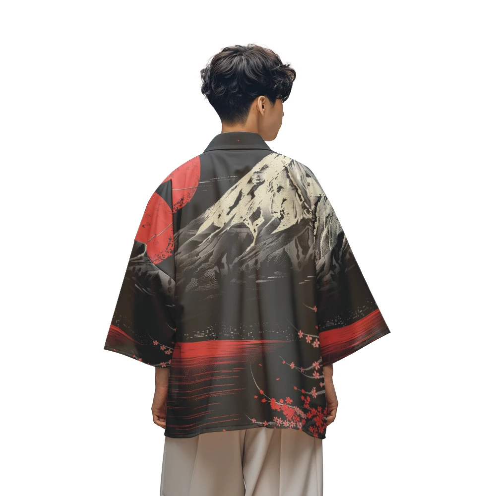 Classic Retro Fashion Design Sense of Sunset Mountain Lake Woven Dojo Men's Fashion Design Casual Kimono Men's Tops