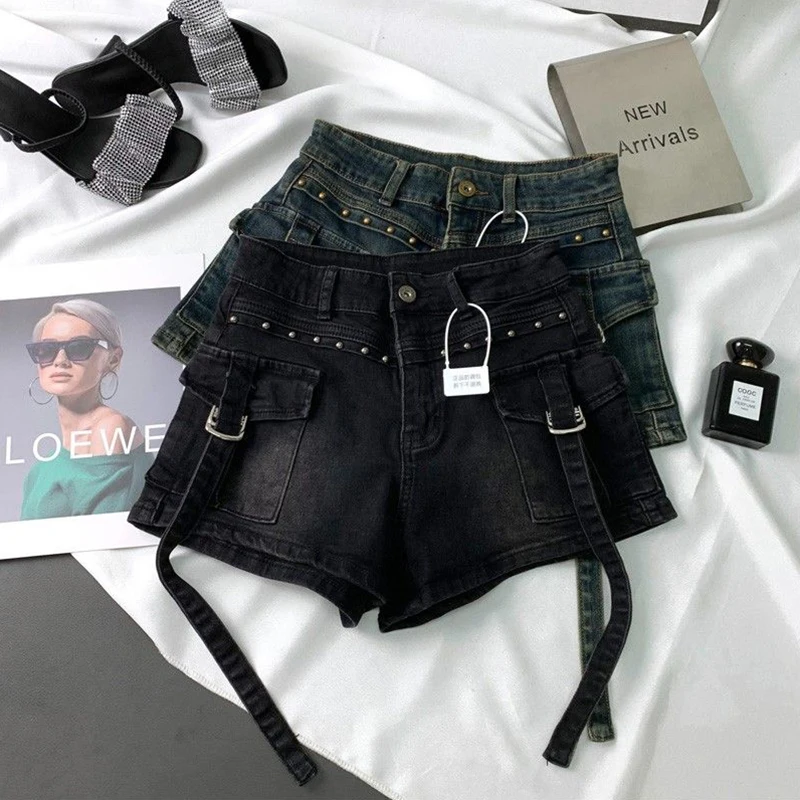 Y2K 2000S Cargo Denim Shorts Women Streetwear Vintage High Waist Shorts Jeans Summer Harajuku Korean Sexy Hot Short Pants New