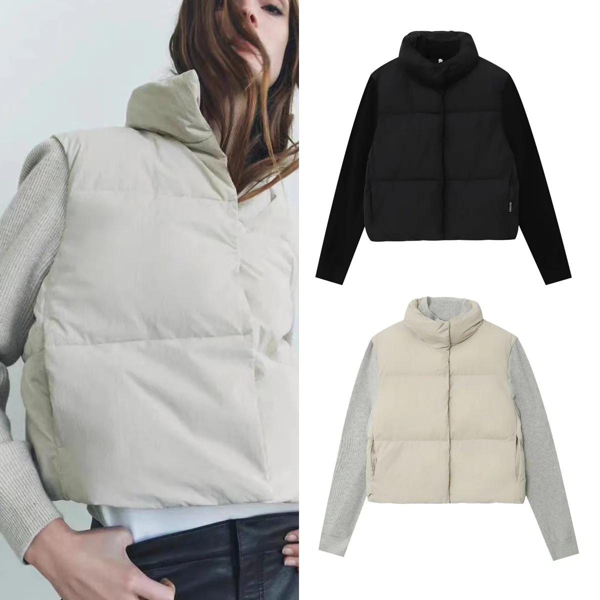 

2025 New Product Women's Fashionable Knitted Patchwork Stand-up Collar Long-sleeved Cotton Jacket Warm Jacket Coat