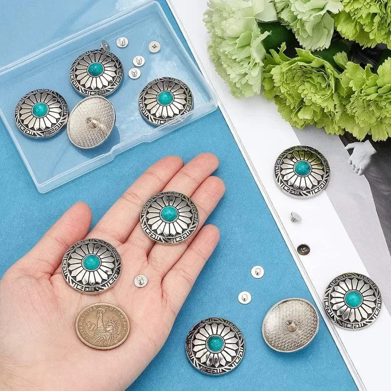 10Pcs 1-Hole Turquoise Buttons Western Conchos Screw Back Round Metal Decorative Conchos Flat Round with Sunflowers Pattern