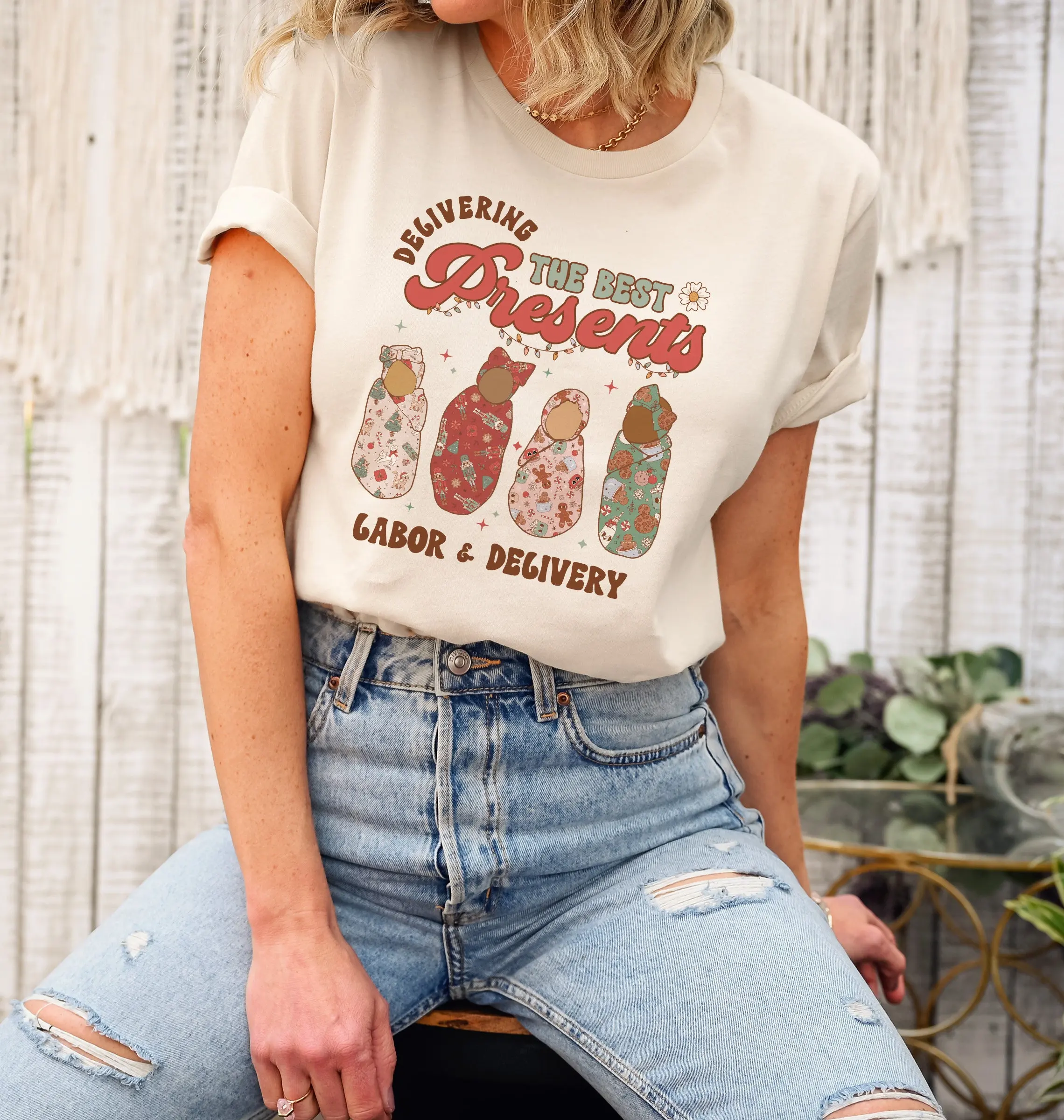 Delivering The Best Presents Retro Labor And Delivery Nurse Christmas T Shirt Mother Baby Apparel Ld Doula