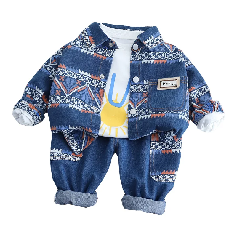 Spring Autumn Children Baby Boys 3PCS Clothes Set Printed Shirts Geometric Patterns Denim Coat Jeans Suit Toddler Boys Outfits