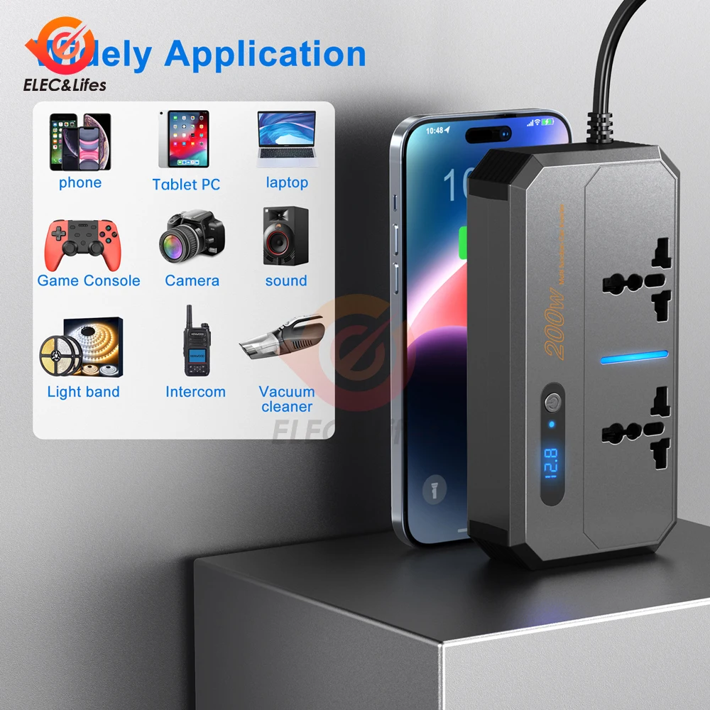 محول طاقة السيارة مع شاشة ليد ، محول جهد ، محول شاحن محول ، حماية متعددة ، 4USB ، 12 فولت تيار مستمر ، 24 فولت إلى تيار متردد