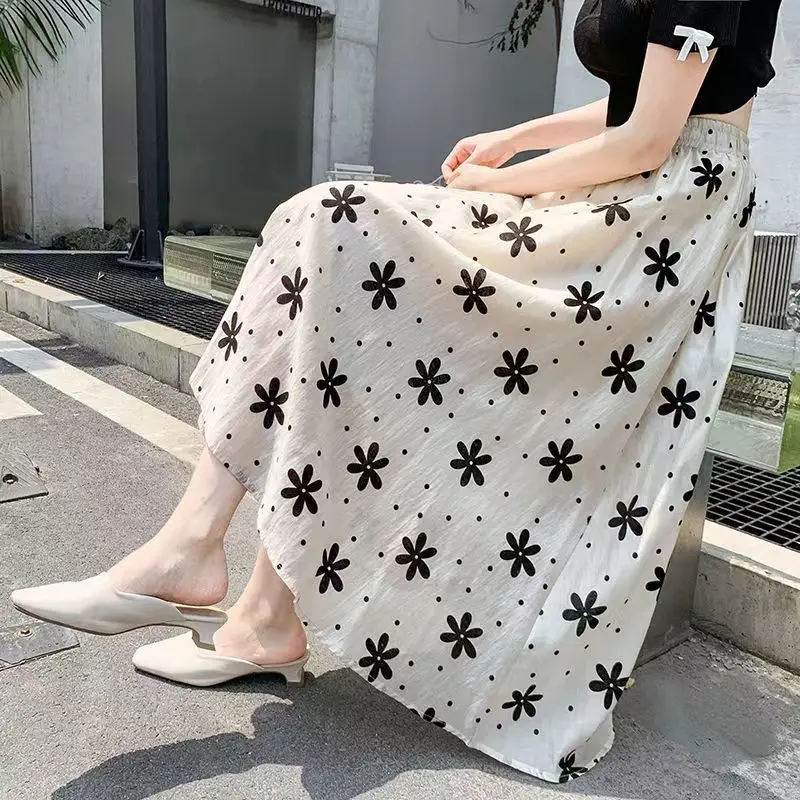

Women Spring Summer Fashion Office Lady Printing Solid Color Skirt Ladies Simplicity Casual All-match Trend Chiffon A-line Skirt