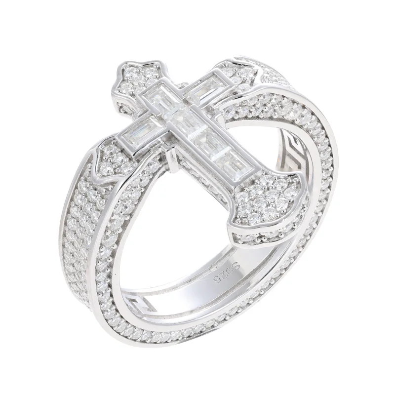 Moissanite S925 Sterling Silver Cross Finger Ring for Women Men Hip Hop Bling Iced Out Luxurious Christian Rings Rapper Jewelry