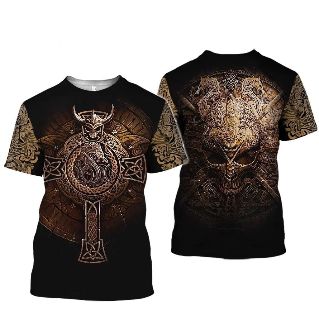 

Fashionable Men's clothing Women Men Vikings Tattoo Art Skull graphic T-Shirt 3D Print Vikings Short Sleeves Plus Size Men's top