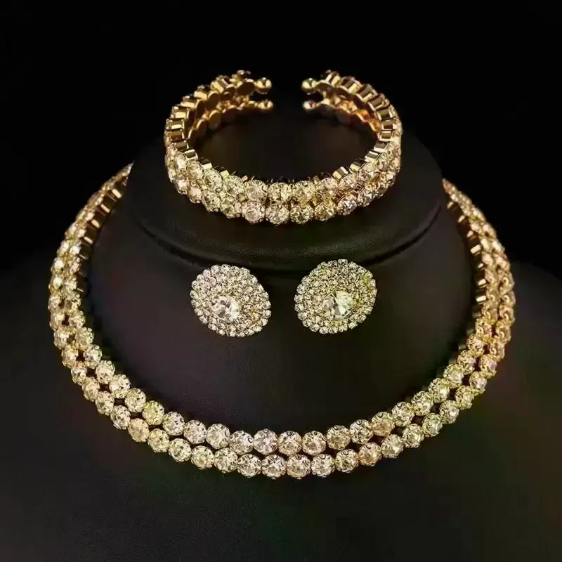 Rhinestone Jewelry Set With Shiny Crystals Necklace Earrings Bangle Perfect For Wedding Prom Evening Events 1/3Pcs