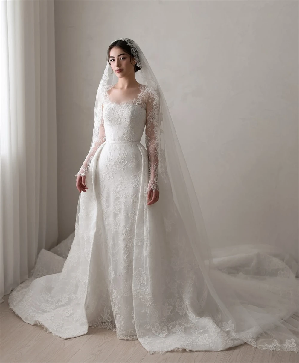 

Customized Formal White Organza Wedding Dress Classic Scoop Long Sleeves Bridal Gowns Dreamy A-Line Chapel Train Robe de mariée