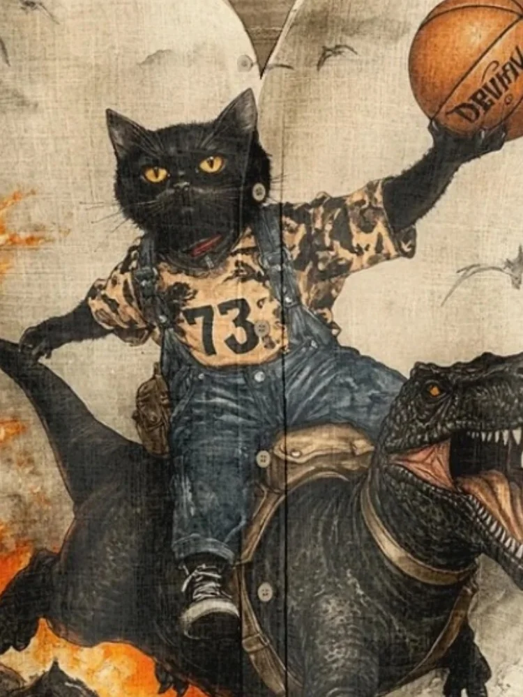 Men's Cat Holding Basketball And Riding Dinosaur Art Print Casual Shirt Harajuku Streetwear Short Sleeve Lapel Collar Tunics Man