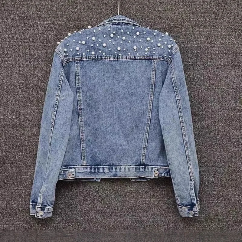 Spring Autumn Beading Denim Jacket For Women Solid Color Pearl Decal Coat American Casual Fashion With Pocket Loose Jackets
