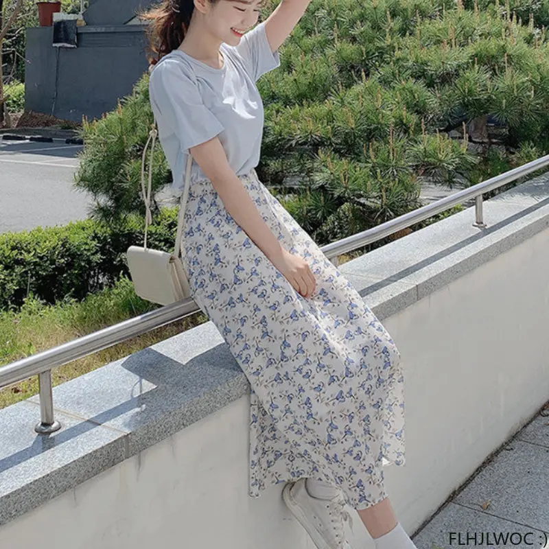 Hot Sales Chic Korea Clothes Summer Women Cute Sweet Girls Floral Printed Robe Holiday Date High Waist Long Skirts