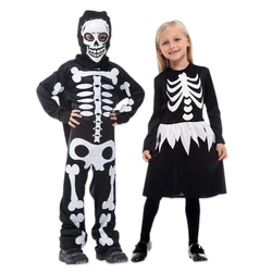 Children Halloween Cosplay Costumes Skeleton Bones Boy Jumpsuit Girl Dress Scary Creepy Black White Costume Suits