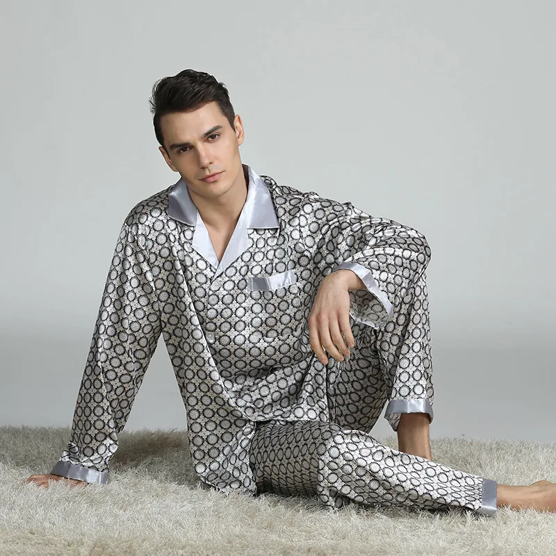 Men's Printed Polka Dot Silk Satin Pajamas Set Summer Long Sleeves Pyjamas Men Sleepwear Home Wear Clothes