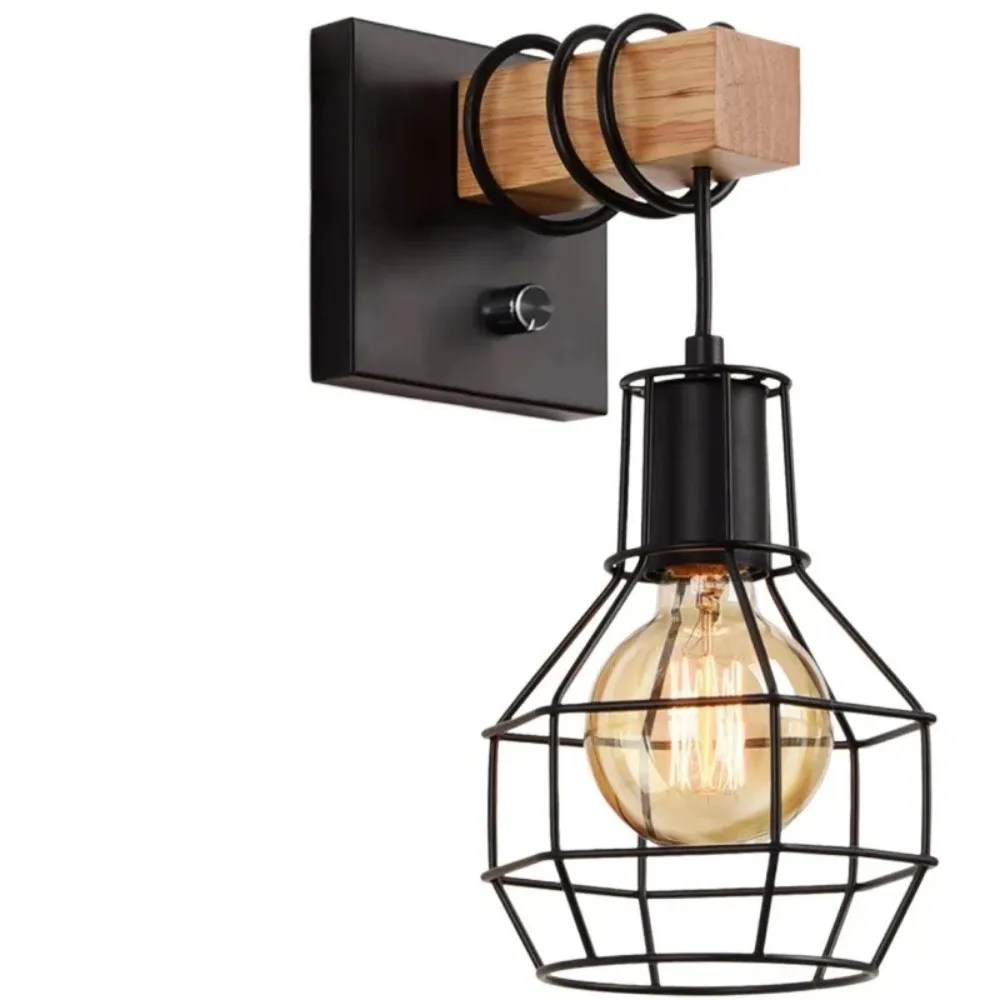 Vintage Wall Sconce Modern Retro Bedside Wall Lamp Cage Light Black Color with Wooden Base Bracket Light for Aisle Indoor WL0334