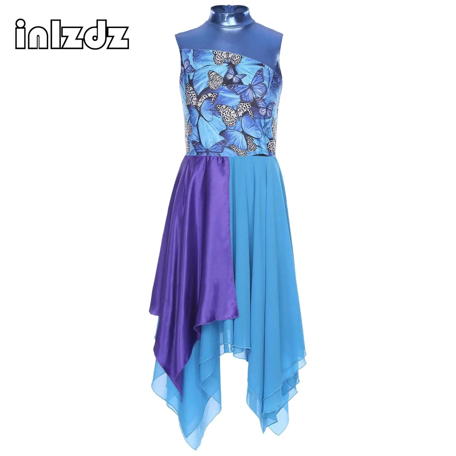 

Womens Worship Praise Lyrical Dance Dress Sleeveless Print Patchwork Color Block Irregular Chiffon Hem Dress Dancewear Costume