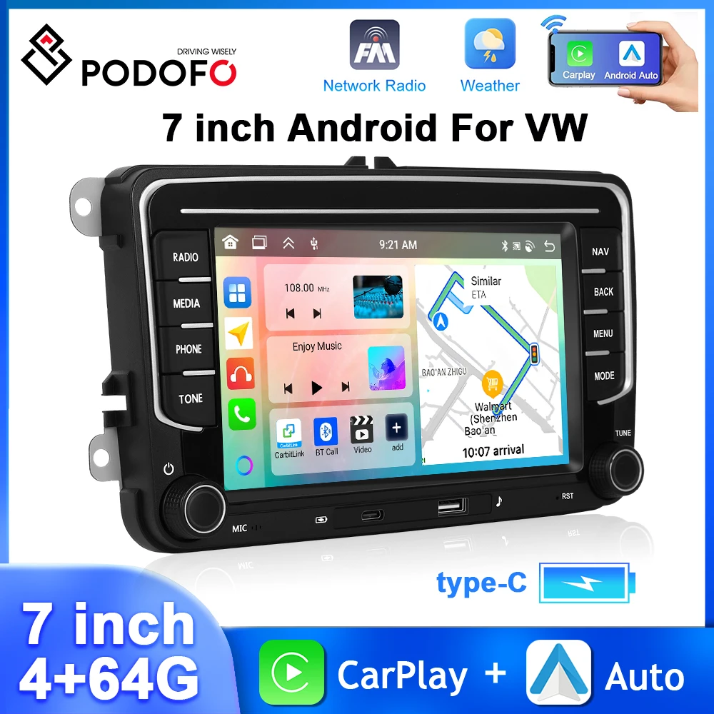 Podofo 4+64G Car Radio For VW/SAGITAR/JETTA/PASSAT/GOLF Multimedia Player 4Core Carplay Android Auto WIFI GPS FM RDS Car Stereo