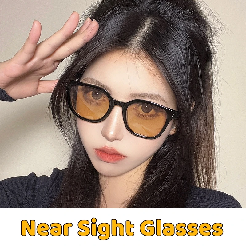 Women High-grade Myopia Sunglasses Oversized Frame Near Sight Eyewear UV Protection Black Frame Tan Short Sight Glasses