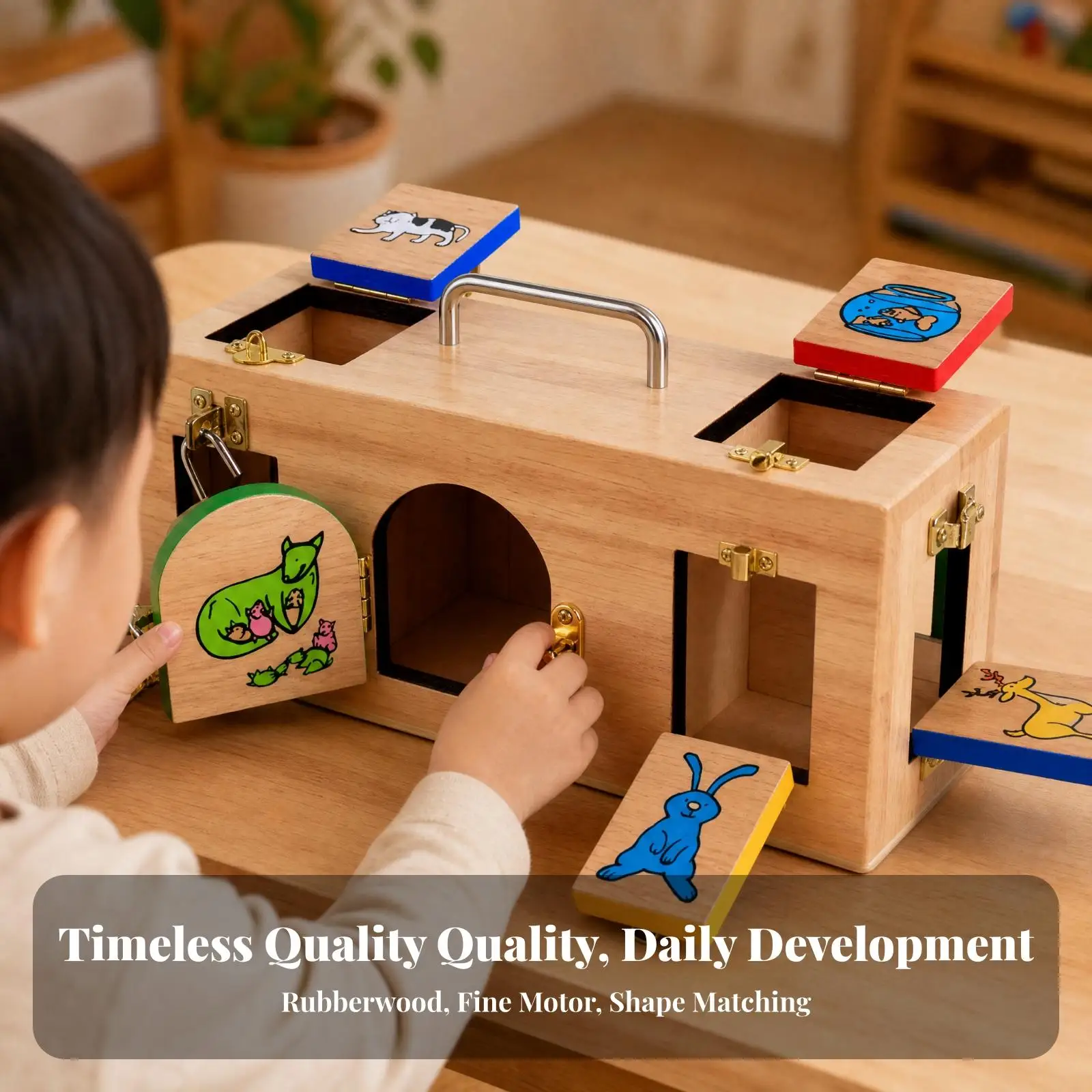 Children Wooden Safety Lock Practice Box with Hinged Doors for Solo Exploration and Focus