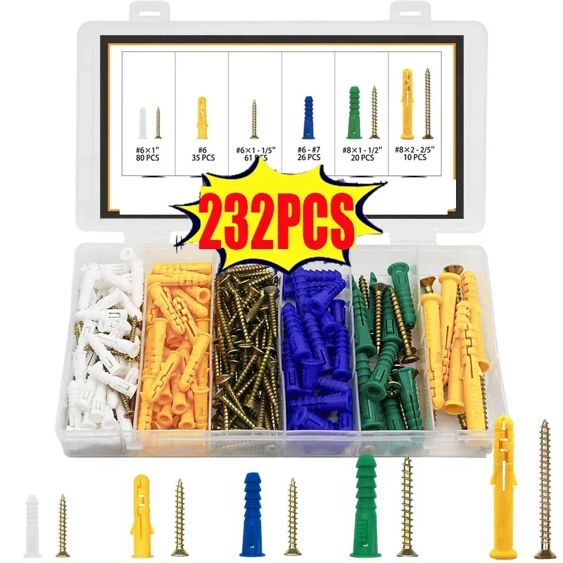 232PCS Plastic Self Drilling Wall Anchors with Screws Kit Wall Plug Anchor Expansion Bolt Pipe Column Ribbed Drywall Screws Set