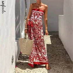 Wefads Two Piece Sets 2024 Women Summer Casual Holiday Print Lace Up Sleeveless Bandeau Jumpsuit With Skirt Sets Streetwear