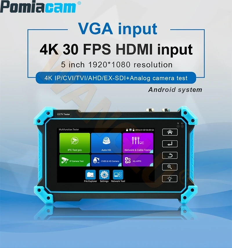 جهاز اختبار الدوائر التلفزيونية المغلقة Pomiacam مقاس 5.4 بوصة، اختبار 8K IP/AHD/TVI/CVI/SDI، مدخل PoE 48 فولت، مدخل HDMI/VGA، جهاز تتبع كابل TDR لتركيب الأمان