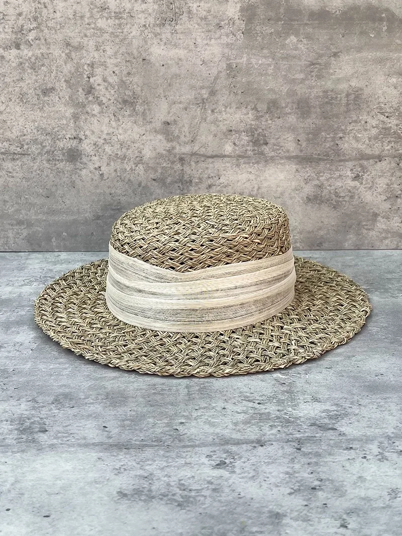 

Ele Silk Linen Decorated Beach Vaion St Hat Women Summer Hollow out Flat Top Sunade Gift Hat Travel Large Brim Cap