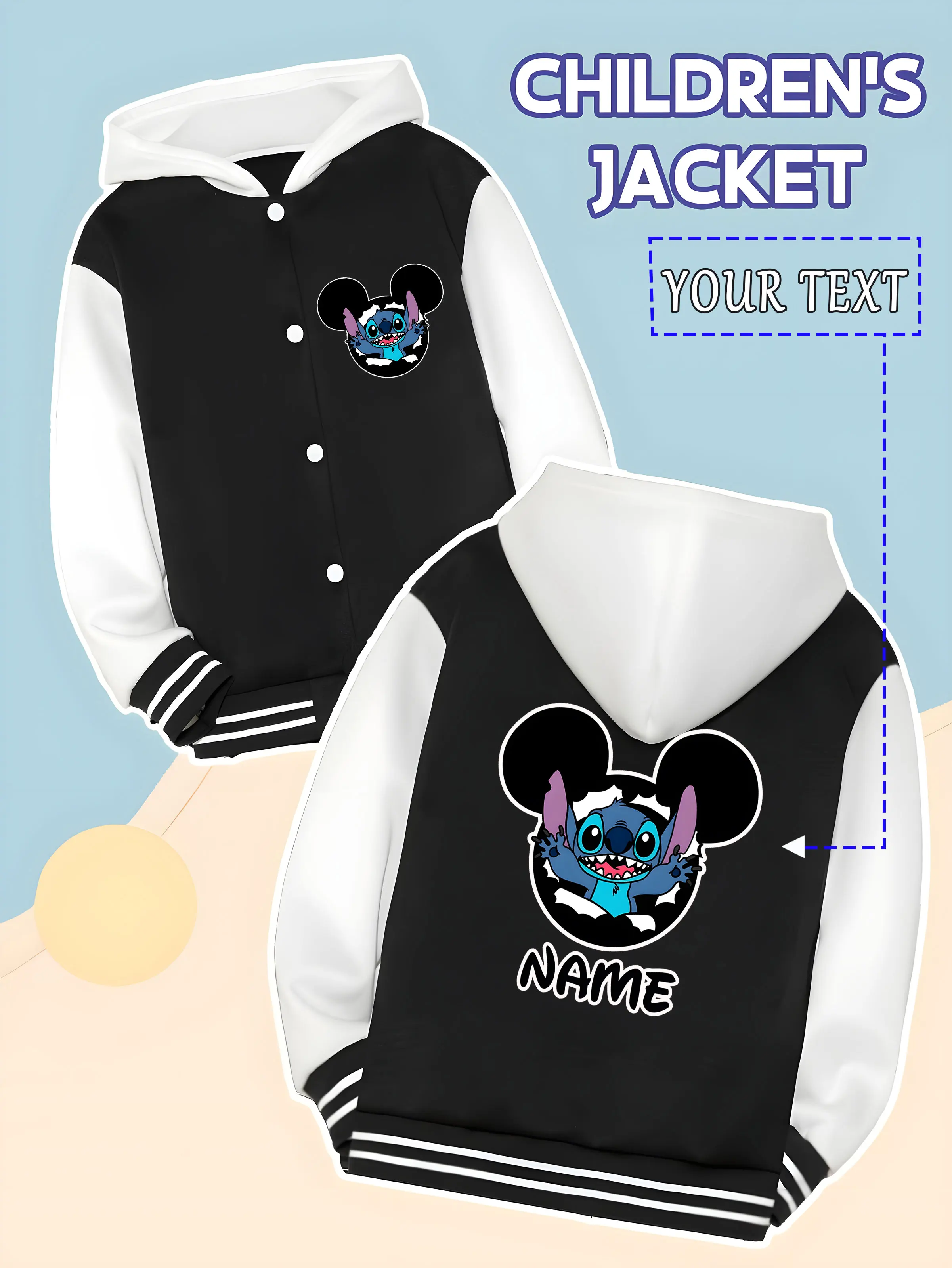 

MINISO Disney Stitch Mickey Head Co-branded Children's Baseball Jacket - Stitch's torn Mickey head shape, creative and novel, su