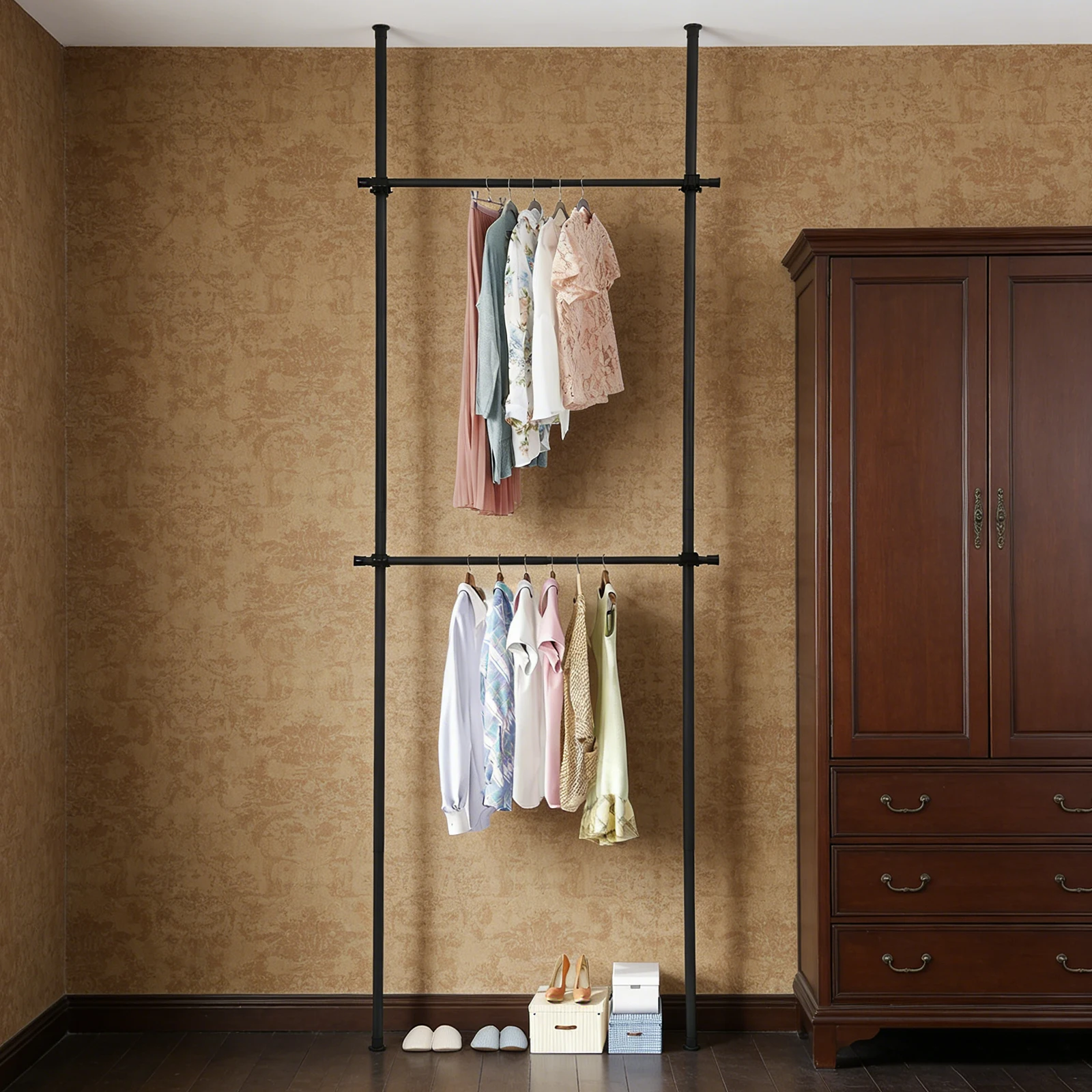 NEWEST 2-Tier Floor,Floor to Ceiling Clothing Rack,Adjustable Heavy Duty Garment Rack,Metal Clothes Racks Closet with Tension Rod Free Standing,Portable Garment Racks for Hanging Clothes Black