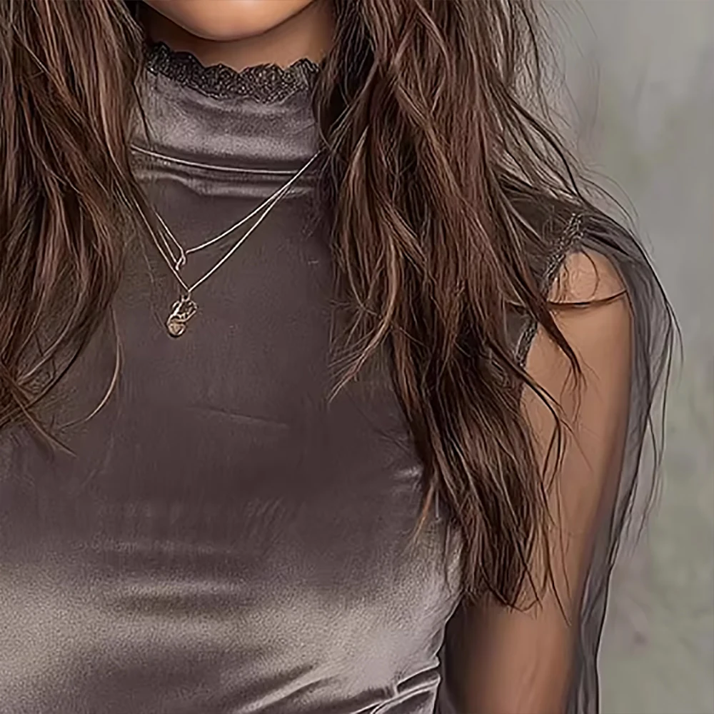 

Women's Elegant Velvet Satin Vintage Blouse Top Solid Lace Trim Round Neck Mesh Sheer Long Sleeve Slim Fashion Streetwear Shirts