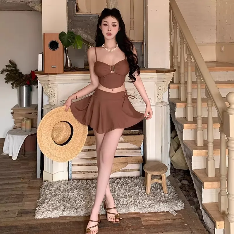 

Retro Maillard Color Bikini Split Swimsuit for Women High-end and Sexy Spicy Girl Water Color Matching Swimsuit Vacation Beach