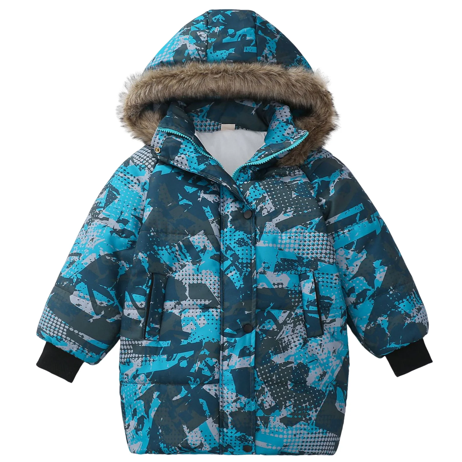 

Boys Down Cotton Jacket,Fur Hood Warm Children's Puffer Coat,Printed Thick Windproof Kids Winter Quilted Jacket,Teenager Outfits