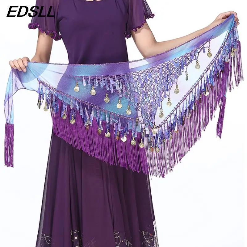 Ladies Belly Dance Hip Scarf Sequin Hanging Coin Tassel Gradient Triangle Scarf Women Indian Dance Tassel Waist Belt Accessories