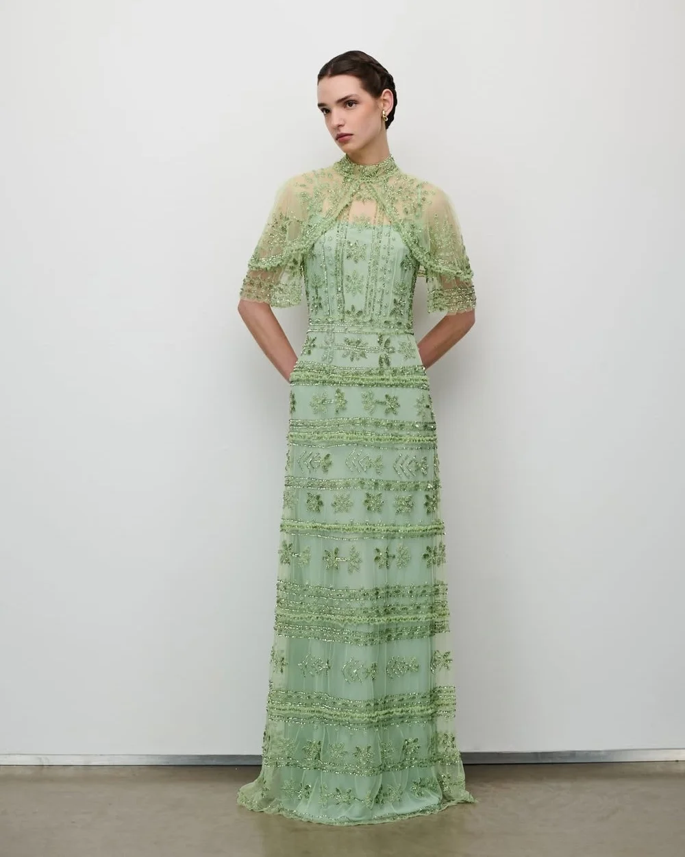 

Customized Sparkle Women Tulle Sequined Rhinestone Straight Evening Dresses Elegant High Collar Half Sleeve Floor Lenght Dresses