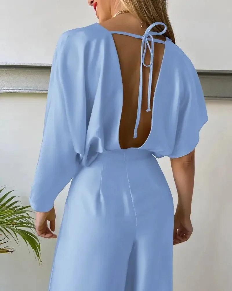 2024 New Women\'s Solid Color Jumpsuit Spring Summer Adult Female V-neck Sexy Short Sleeves High Waist One-piece Suits OFE12