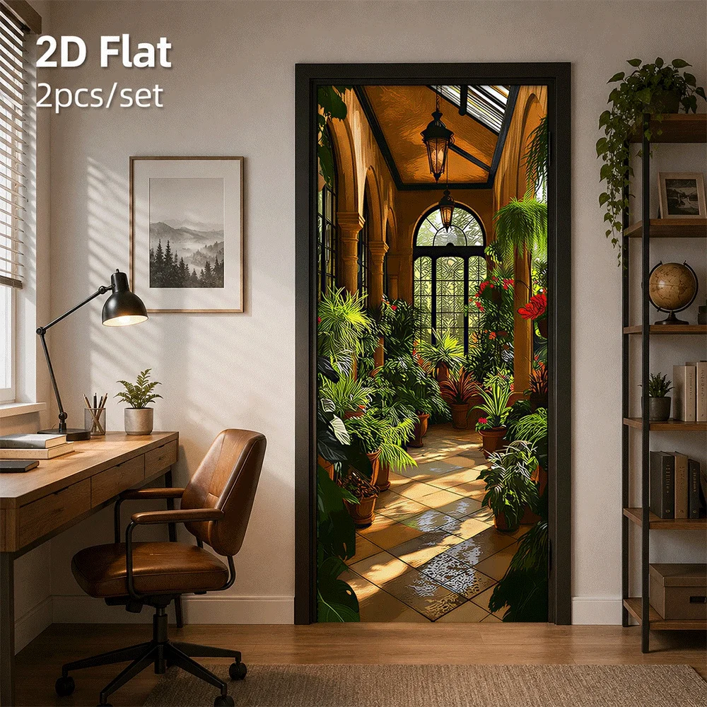 1 piece of retro greenhouse door sticker with European arch design, sunny green plant decoration, 2D plan
