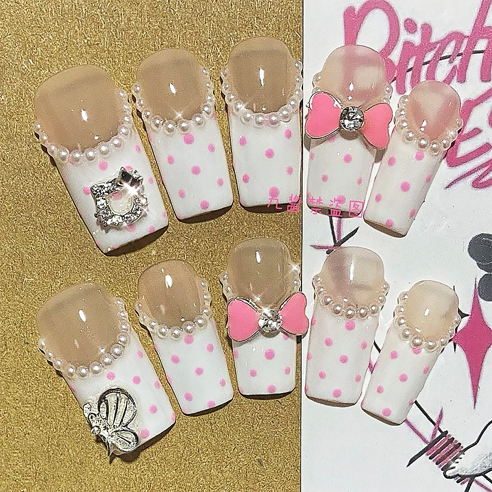 Y2K Millennium White Pearl French Polka Dot Press On Nails Handmade Customized Nail Art Press On Nails