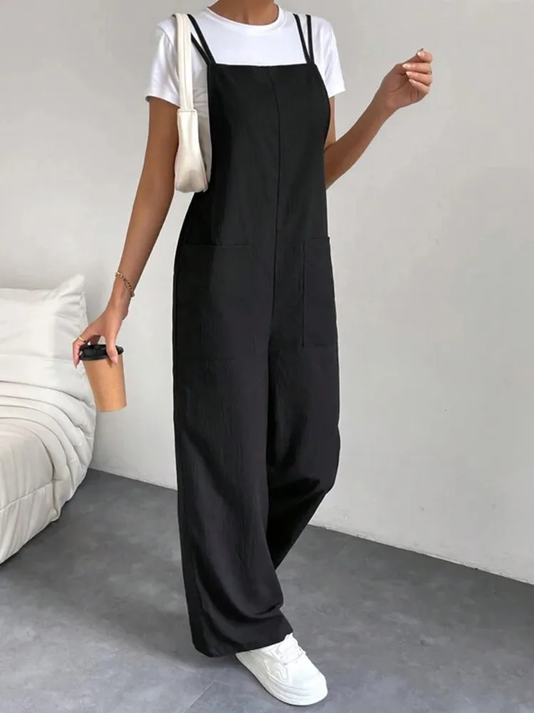 Fashion Casual Women\'s Soild Black Color Pants Pocket Double Shoulder Thin Shoulder Straight Overalls Wide-leg Long Pants