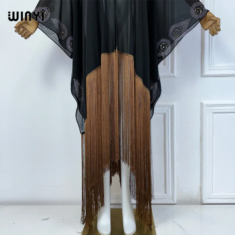 WINYI-Cardigan à manches longues avec pompons, kimono d'été, robe maxi, couverture de bikini, noir, sexy, perspective, perçage à chaud, vacances, plage