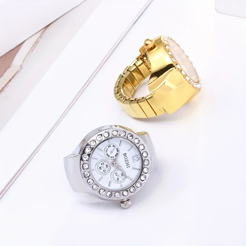 Fashion Three Circle Dial Adjustable Strap Inlaid Rhinestone Ring Quartz Watch, Solid Color Alloy Watch, Party School Supplies