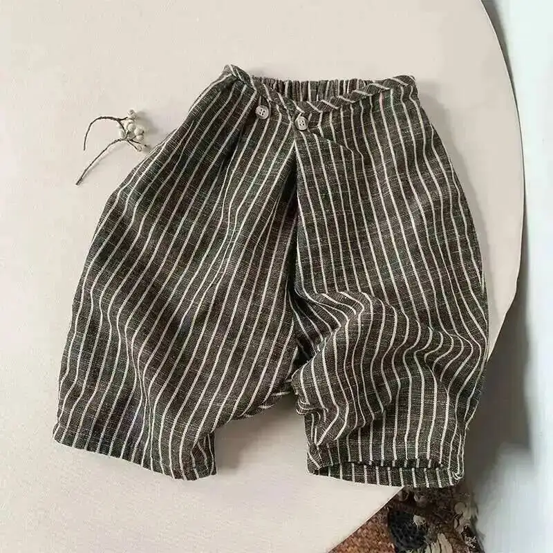 Frühling Sommer Kinderhosen 1-8 Jahre Jungen Mädchen Baumwolle Leinen Gestreifte Knöchellange Gerade Hosen Kleinkind-Unterteile für Kinderkleidung – Detail 2